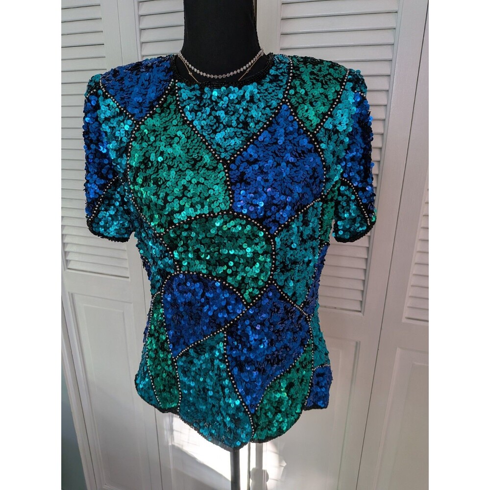Papell Boutique Vtg Evening Fully Sequined Top Womens M 100% Silk Blouse Blue